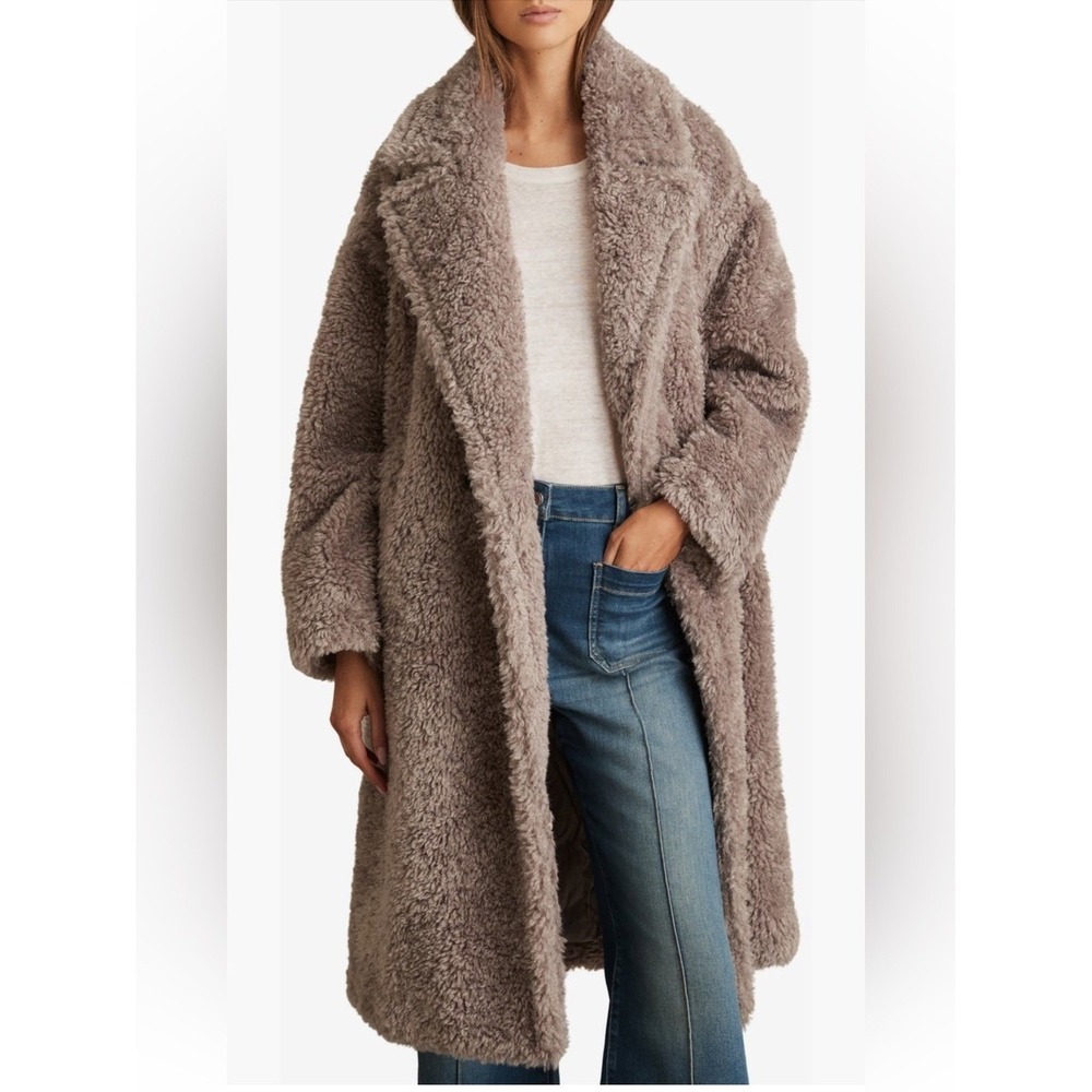 NWT Reiss Darla Faux Fur Coat in MINK NEUTRAL Sz L - Picture 6 of 12